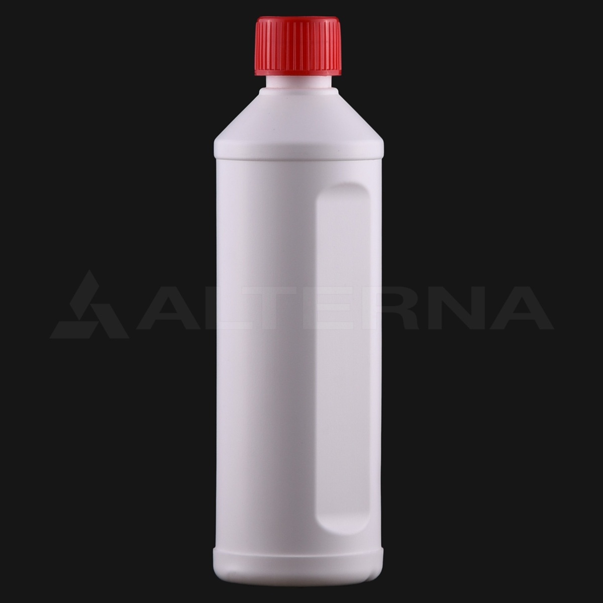 Botella de plástico HDPE de 500 ml con indicador de nivel y tapón a prueba de niños de 28 mm, vista trasera sobre fondo negro.