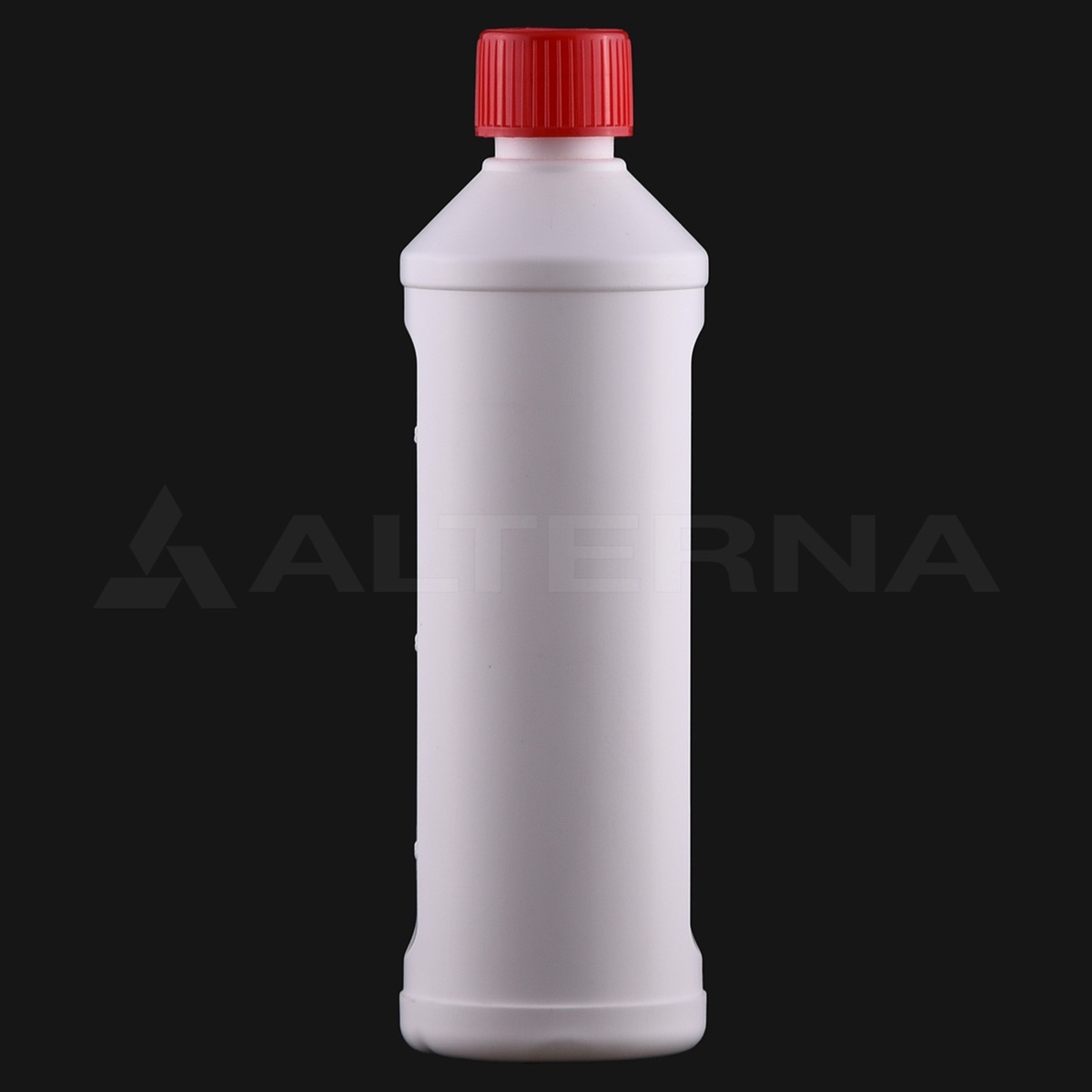 Botella de plástico HDPE de 500 ml con indicador de nivel y tapón a prueba de niños de 28 mm, vista lateral sobre fondo negro.