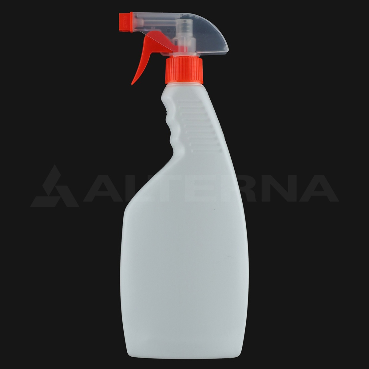 Botella pulverizadora de plástico HDPE de 500 ml con pulverizador de gatillo rojo de 28 mm, vista lateral sobre fondo negro.