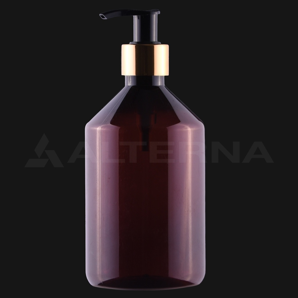 Botella PET ámbar de 500 ml con dispensador de bomba de 28 mm y collar metálico, vista frontal.