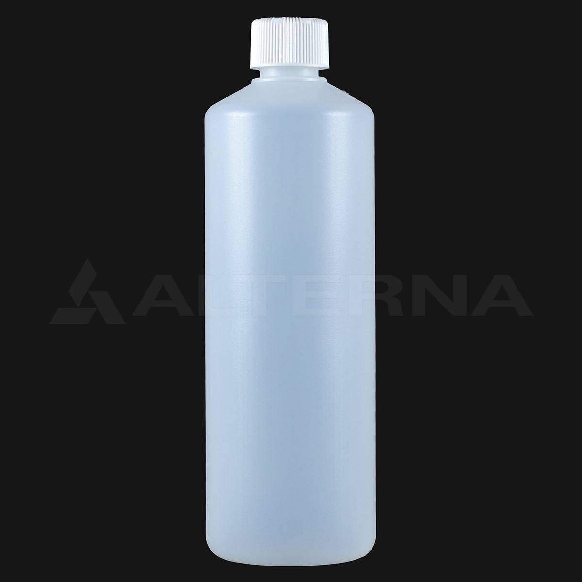 Μπουκάλι HDPE 750 ml με καπάκι ασφαλείας για παιδιά 28 mm - Professional packaging solution by Alternaplast Πλαστικό μπουκάλι HDPE 750 ml με λευκό καπάκι ασφαλείας για παιδιά 28 mm σε μαύρο φόντο