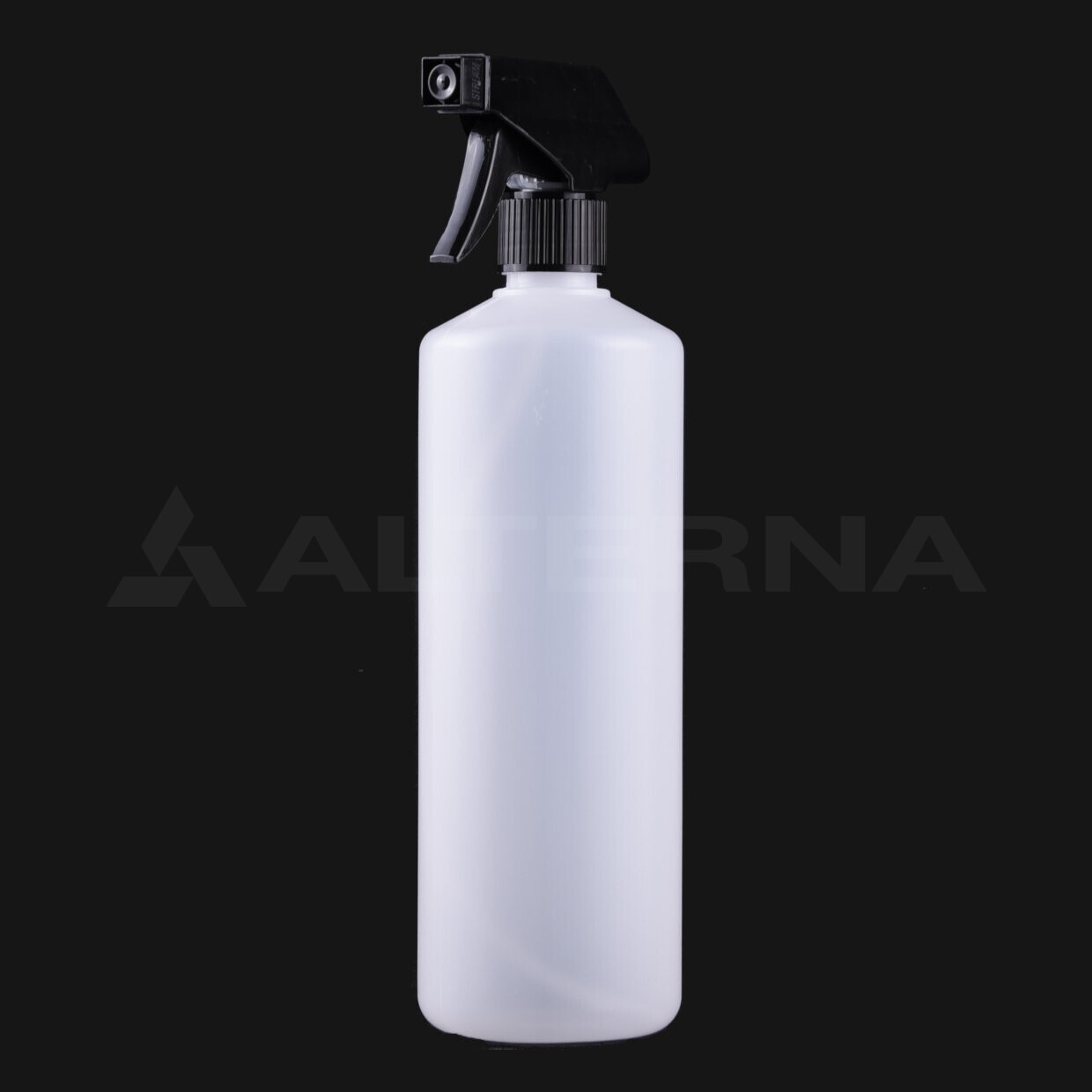 Flacon pulvérisateur cylindrique en plastique HDPE blanc de 750 ml avec pulvérisateur à gâchette noir de 28 mm sur fond noir