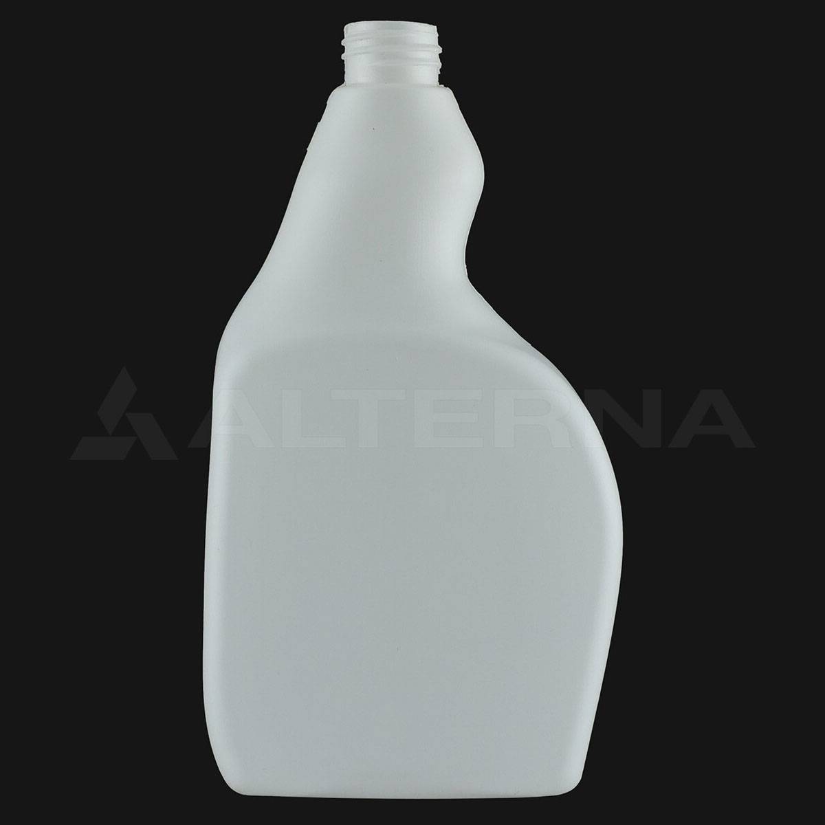 750 ml weiße HDPE-Kunststoff-Flachsprühflasche ohne Sprühkopf, 28 mm Halsweite, isoliert auf schwarzem Hintergrund